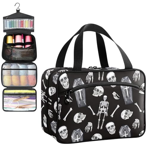 YNNALE Sewing Supply Organizer Bag, Gothic Skull Skeleton Coffin Black Portable Sewing Bags with Pockets&Hanger, Sewing Storage Box Case for Sew Supplies/Kit/Tools/Accessories (BAG ONLY)