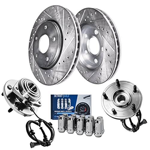 Image of Detroit Axle - Front Brake Kit for 2005-2010 Jeep Grand Cherokee 2006-2010 | Commander Drilled & Slotted Brake Rotors Wheel Bearing Hubs Assembly 10pc Wheel Lug Nuts 2007 2008 2009 Replacement