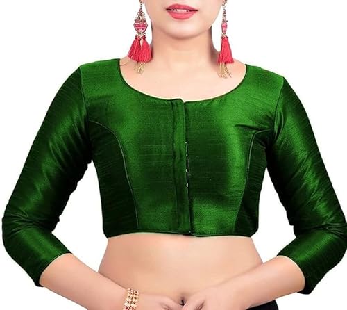 Fashnkart Indische Bollywood-Dupion-Seiden-Sari-Bluse, Partykleidung, fertige Sari-Bluse für Damen, Rundhalsausschnitt, vorne offen, grün, 42