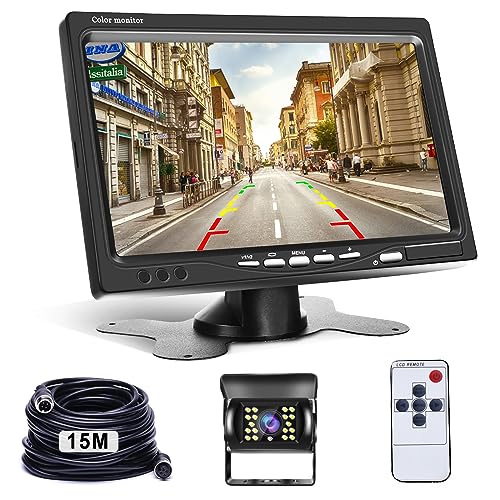 Cámara Marcha Atrás y 7 Pulgadas LCD Monitor Kit Cámara Visión Trasera, Hodozzy IR Visión Nocturna Impermeable Cámara de Marcha 12V-24V con 4 Pin 15 Metros Cable para Coche Camión Remolque...