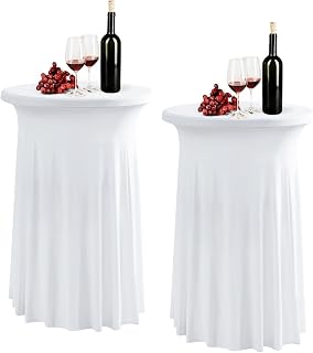 2 Pack White Spandex Stretch Round Table Covers with Skirt - 24x43 Inch Fitted Elastic Cocktail Tablecloth for High Top Bar, Party & Wedding Decor, White