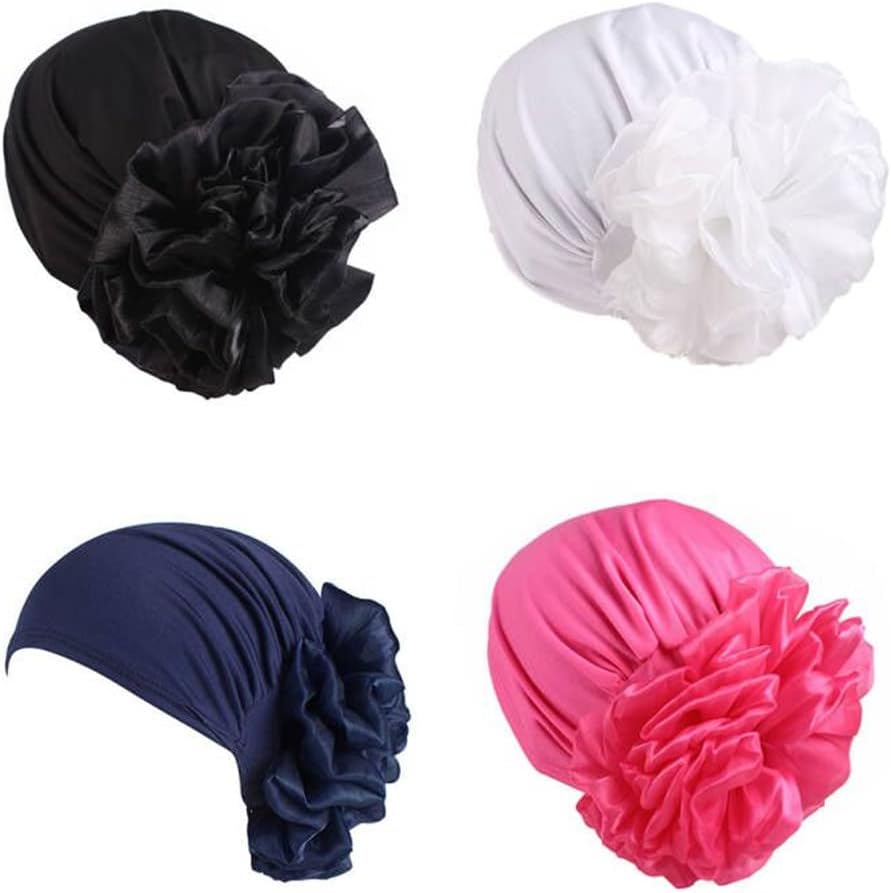 Women's Stretchy Flower Turban Beanie Hat - Elastic Head Wrap Chemo Cap, Full Head Coverage, One Size Fits Most (White)