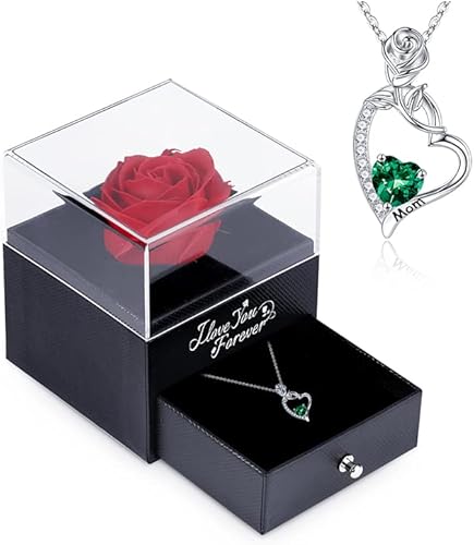 Iefil Regalos para mamá con rosa roja preservada, plata de ley 925, collar de piedra natal de corazón de rosa, joyería para mamá, regalos del día de