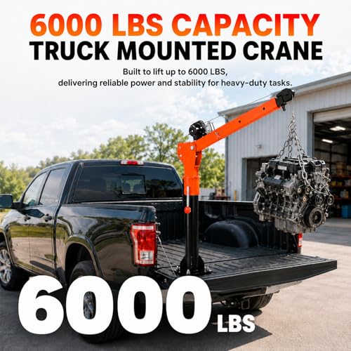 6000 LBS Truck Bed Crane, 5500LBS 12V Electric Winch, Alloy Steel Pickup Truck Jib Crane 3 Adjustable Loads & Heights, 360° Swivel Truck Crane for Lifting Goods in Factory, Workshop