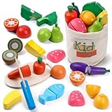 Kidmigo Spielküche Zubehör Holz – 13-teiliges Kinderküche Zubehör Set aus Holz, Lernspielzeug mit Schneideobst & Gemüse, Küchenzubehör Kinder Montessori Holzspielzeug
