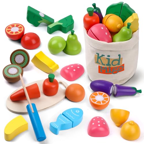 Kidmigo Spielküche Zubehör Holz 13-teiliges Kinderküche Zubehör Set aus Holz Lernspielzeug mit Schneideobst & Gemüse Küchenzubehör Kinder Montessori Holzspielzeug