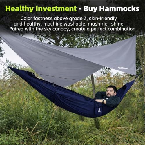 Image of Camping Hammock with Mosquito Net and RainFly Tarp - 2 Person Hammock, Portable Parachute Nylon Hammock for Outdoor, Hiking, Backpacking, Backyard, Travel (Up to 500lbs) - Midnight Blue