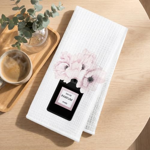 Image of 2 Pcs Pink Hand Towels, Perfume High Heeled Shoes Reusable Dish Towels | Fashion Gifts for Women Mom Girls Friend, Waffle Weave Microfiber Towels for Bathroom Home Decor 24x14 Inch
