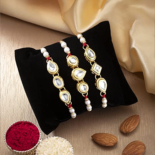 Image of Peora Rakhshabandhan Thread Rakhi for Brother Bhaiya | Crystals & Kundan Studded | Combo, Set of 3 | Rakhi Hamper with Roli Chawal & Greeting Card