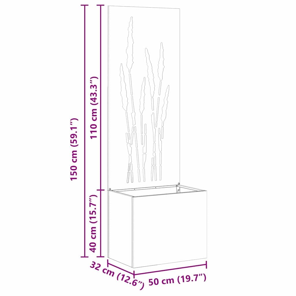 Ogrodowa ochrona przed wzrokiem na płótnie ze stali odpornej na warunki atmosferyczne, 50 x 150 cm o zardzewiałym wyglądzie i dekoracyjnym inkrustowaniu na taras i do ogrodu, matowa