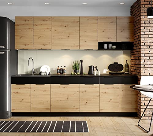 Cuisine complète Erika 8 éléments couleur chêne artisan/Noir avec plan de travail inclus - Longueur 260 cm -PEGANE-