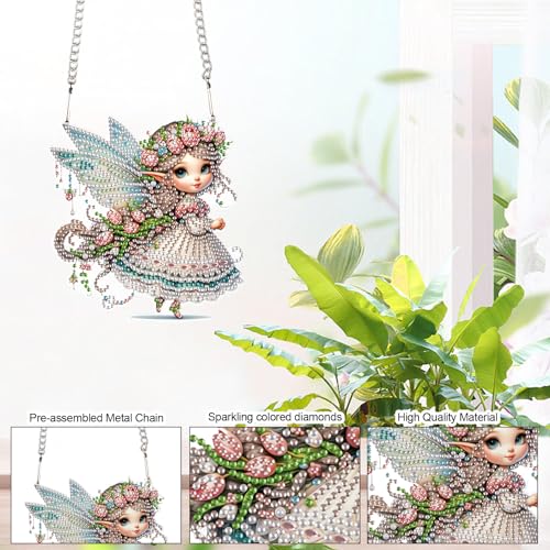 Image of AiYuanzsh Butterfly Elf 5D Diamond Painting Hanging Ornament Kit, Special Shaped Crystal Rhinestone Suncatcher Craft, DIY Diamond Art Pendant Decoration for Home Office, Gift for Adults