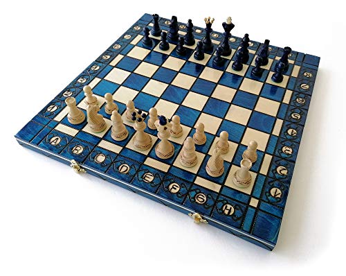 LEDELIRANT Schaakset XL - Senator. Schaakbord formaat 40 x 40 cm, handgemaakt van charmehout, milieuvriendelijke lak, verzwaarde onderdelen, opvouwbaar dienblad, reisspel (blauw) 2 spelers