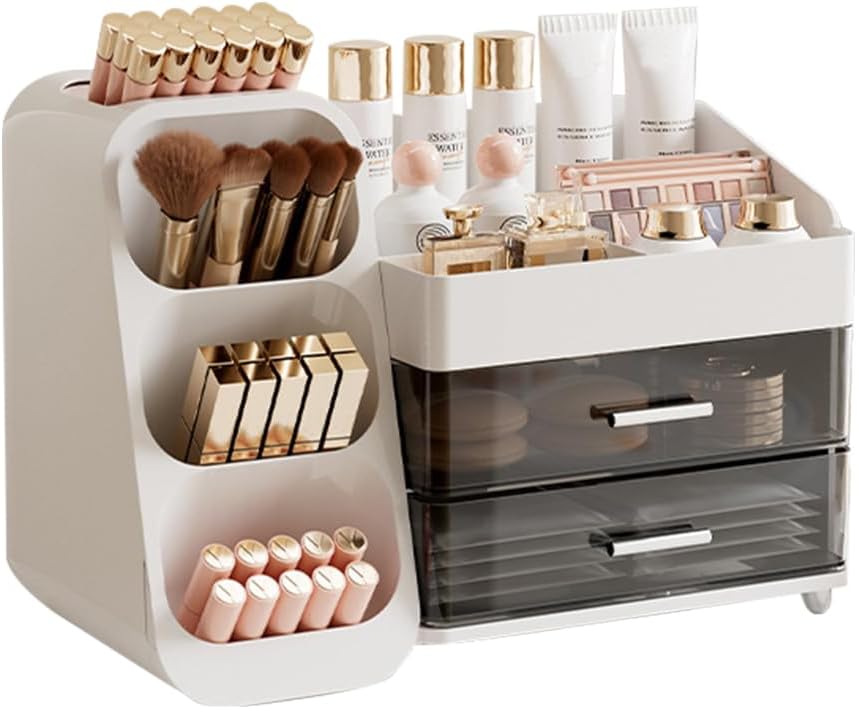 Makeup Organiser with Drawers, Large Capacity Countertop Organiser for Vanity, Bathroom and Bedroom, Desk, Cosmetic Organiser for Brushes, Perfumes, Lipstick (White)