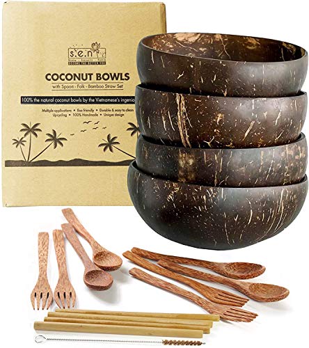 Coconut Bowls with Spoons and forks, Acai Bowls â€“ Wooden Bowls, Buddha Bowls, Bamboo Dinnerware Sets, Coconut Shell for Wood Fruit Bowl, Smoothie bowls, or Wood Salad Bowl (Set of 4, Standard)