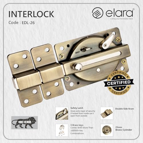Image of Elara Interlock Deadbolts with 10-Year Warranty | 6 Turn Lock for Main Door | 4 Brass Ultra Key, Single & Double Door Lock | Office | Room | Shutter Lock (EDL-26) (Antique)