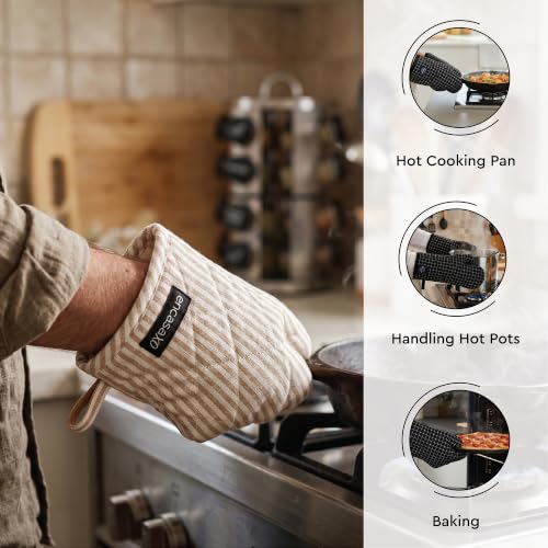 Image of Encasa XO 100% Cotton Apron Set for Women & Men with Adjustable Apron, Oven Gloves & Pot Holder (Pack of 3) Combo, Heat-Resistant, Soft & Durable for Cooking, Baking & Grilling (Ticking Beige)