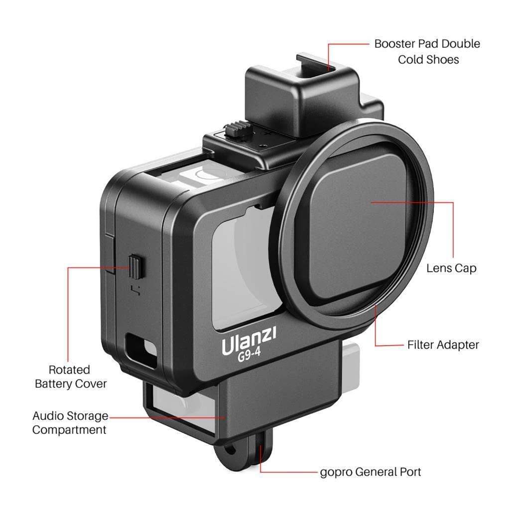 ULANZI G9-4 Vlog Plástico para GoPro 9 Black & GoPro Hero 10 Negro - Caja de Jaula de vídeo con Adaptador de Filtro y Soporte de Calzado frío