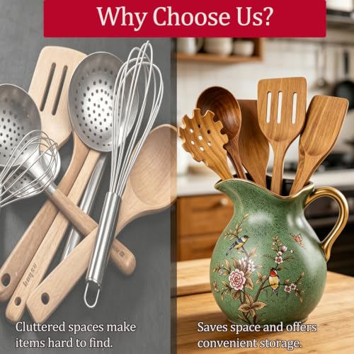 European-Rustic-Ceramic-Kitchen-Utensil-Crock-57-Vintage-Farmhouse-Countertop-Cooking-Tool-Holder-Decorative-Spatula-Spoon-OrganizerGreen
