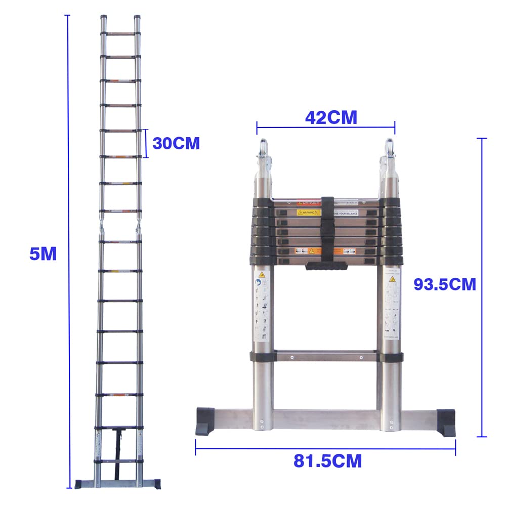 5m Teleskopleiter 2,5m+2,5m A Art Leiter Klappleiter Ausziehleiter Stehleiter Rutschfester, Teleskop-Design, aus Hochwertigem Rostfreier Stahl, 150 kg Belastbarkeit EN131-Zertifizierung