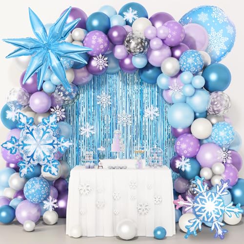 Amandir 162PCS Snow Birthday Party Supplies Snow Balloon Garland Arch Kit Fringe Curtain Blue Purple Snowflake Confetti Balloons Princess Winter Wonderland Girl Baby Party Decorations