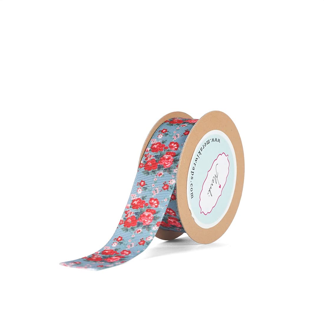 Meraki Cards Antique Blue gorsgrain Ribbon with Rose Clusters. Reverse Side White(W: 25mm L: 5 Yards)