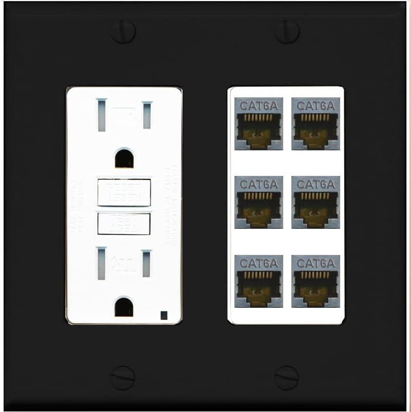 RiteAV - 6 Port Cat6A Ethernet Wall Plate - GFCI Outlet [Black/White]