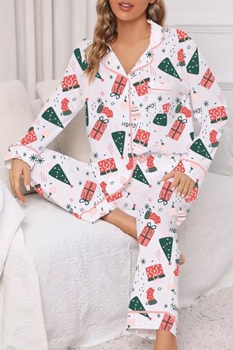 Image of LUBOT Christmas Pajamas for Women 100% Cotton Pajama 2 Piece PJ Set Soft Long Sleeve Button Xmas Print Loungewear XS-XXL