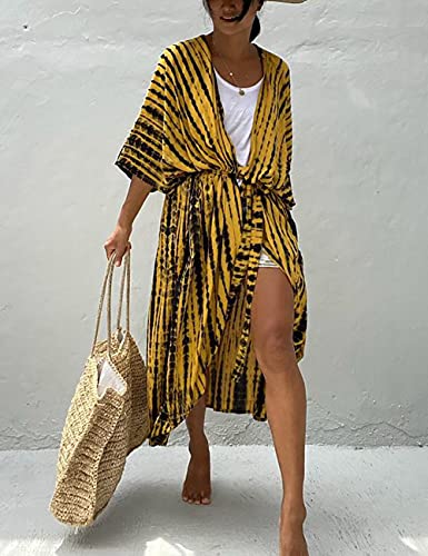 Image of Bsubseach Stylish Tie Dye Open Front Long Kimono Swimsuit Coverup for Women | Loose Fit Boho Style Bathing Suits Cardigans,Summer Causal Resort Wear