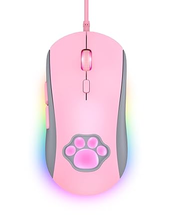 PHNIXGAM Cat Paw RGB Gaming Mouse, Silent Optical Computer Mice USB Wired with 6 Adjustable DPI Up to 7200, RGB Lighting, 6 Programmable Buttons for Windows/Vista/Linux (Pink)