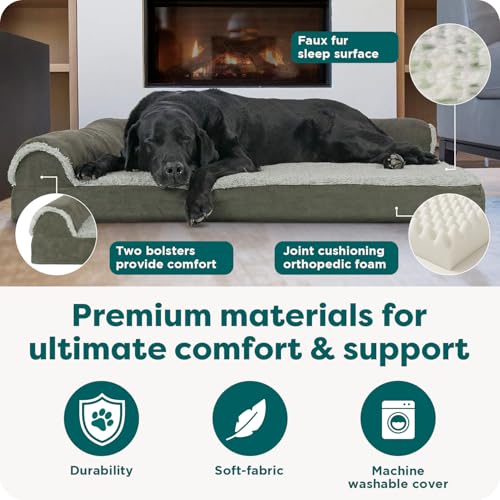 Image of FurHaven Orthopedic Dog Bed for Large Dogs, L-Shaped Chaise Mattress with Orthopedic Egg Crate & Solid Orthopedic Foam Base for Joint Support, Washable Cover, Jumbo XL, Faux Fur & Suede, Dark Sage