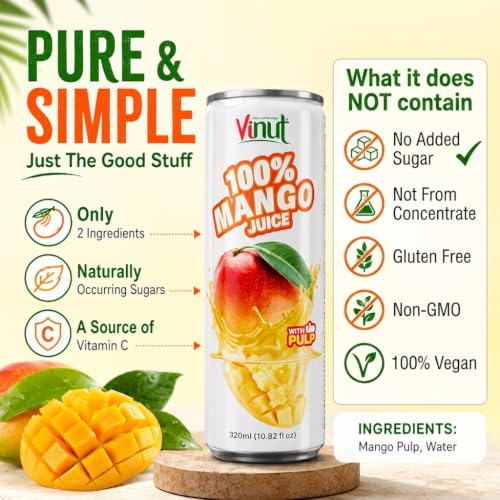 Image of VINUT 100% Mango Juice with Pulp, Tropical Fruit Nectar, No Added Sugar, Not From Concentrate, Gluten Free & Non-GMO Drink, 100% Vegan /Plant-Based, 10.82 fl oz Cans (Pack of 24)