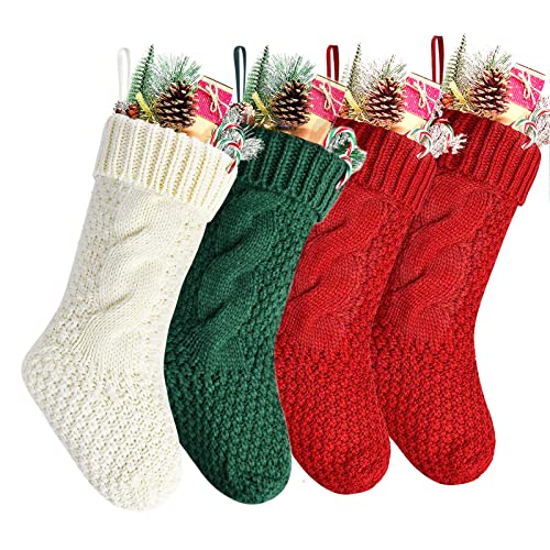 Fib-utopia Christmas Stockings Set of 4, 18 Inches Large Size Cable Knitted Stockings 3 Color Stockings for Christmas Decor Ornaments Red, White, Green
