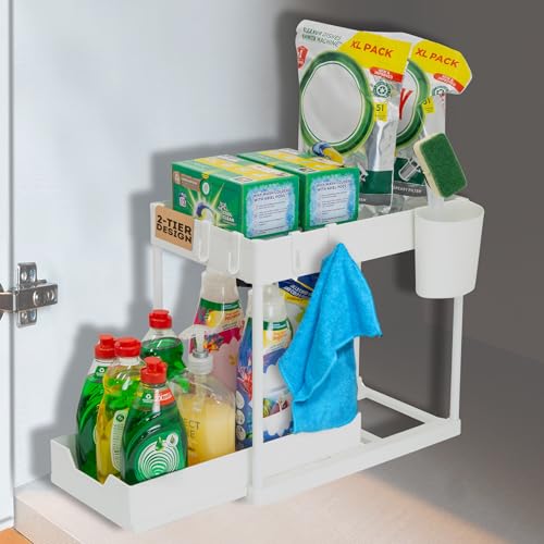 Coselena 2-Tier White Under Sink Storage – Slide-Out Kitchen Organiser Drawers – Under Sink Organiser for Bathroom, Pantry, Utility Room & Kitchen Storage & Organisation