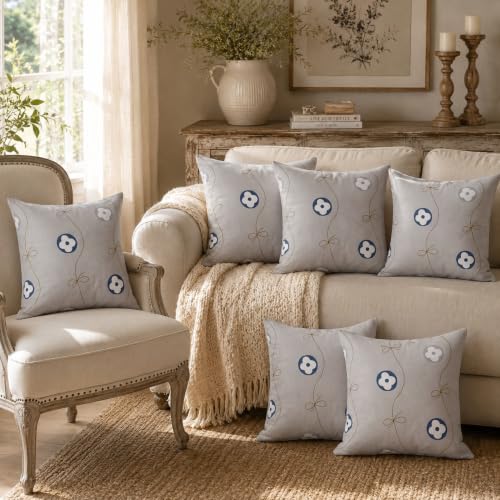 Image of Clasiko 16x16 Cushion Covers - Set of 5 Soft Cotton-Feel Decorative Pillow Covers | Ribbon Blossom, Flap Closure, Perfect for Sofa & Living Room
