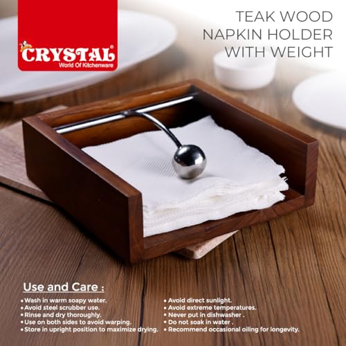 Image of Crystal Premium Teak Wood Napkin /Tissue Paper Holder with Weight | Ideal for Kitchen, Home, Dining Table, Restaurant | Handcrafted and Stylish