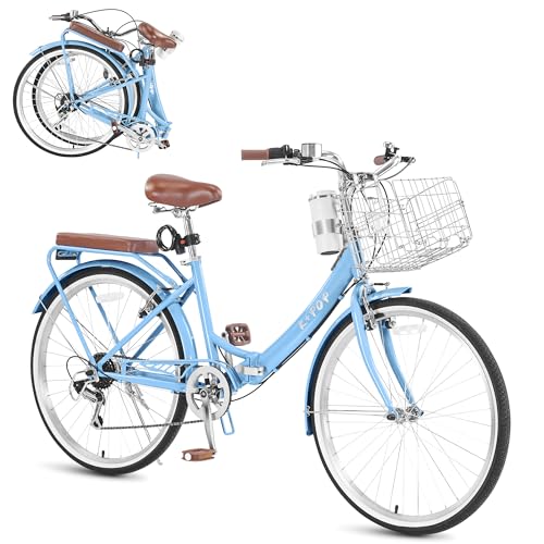 24/26 Inch Foldable Beach Cruiser Bike for Womens, 7 Speed Womens Bike with Basket and Coffee Cup, Commuting Bicycles for Women, Lightweight Complete Cruiser Bikes Bicycle for Ladies​​ Adults