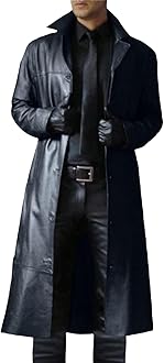Men's Trench Coat, Solid Color Pu Leather Full Length Windbreaker Gothic Faux Leather Steampunk Overcoat Casual Outwear Lapel Windproof Motorcycle Button Up Long Trench Coat for Winter
