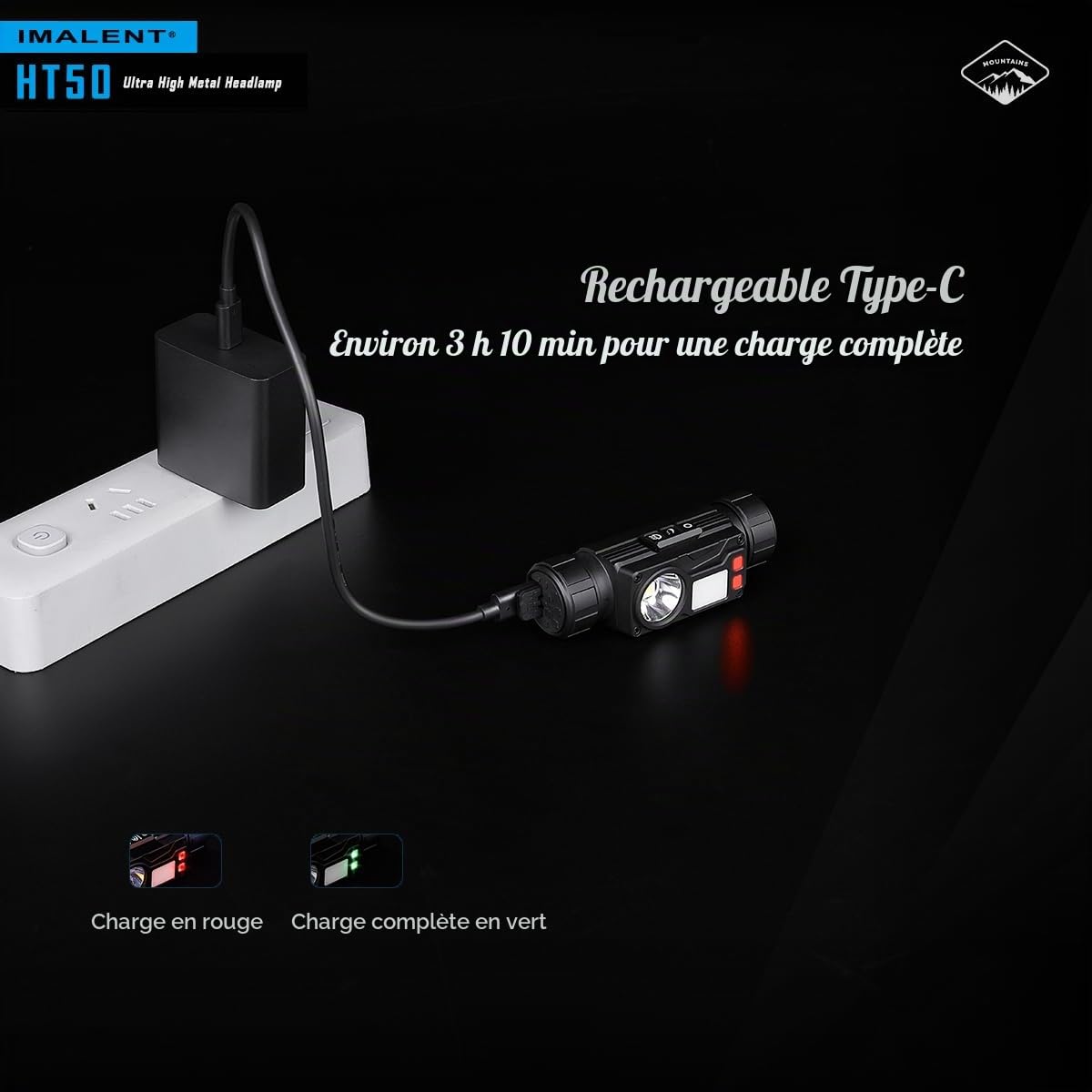 IMALENT HT50 Lampe Frontale LED USB C Rechargeable, 3000LM Super Lumineux Léger Torche Frontale LED Puissante avec Voyant Rouge,Interrupteur à glissière,IP66 Étanche pour course a pied/Urgence