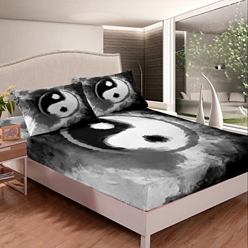 Yin Yang Sheet Set Kids Boho Trippy Sheets with Deep Pocket Fitted Sheet for Boys Girls Tradition Pattern Bed Sheets Set Breathable Psychedelic Peace Sign Bedding Set Ink Art Bed Set Double - Image 2