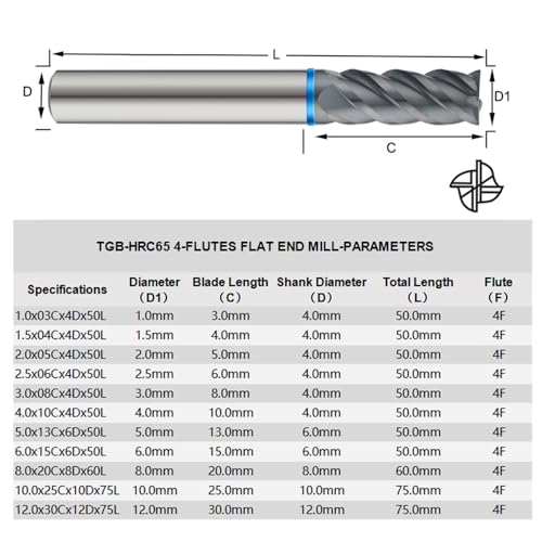 Image of Carbide Square EndMill HRC65 Double Edge 4 Flute TiSiN Coating Tungsten Steel Color-Ring Milling Cutter for Metal Steel TGB Series 11pcs Set