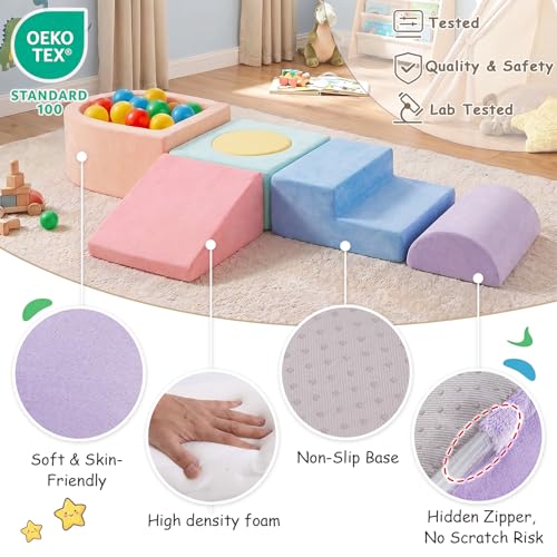 Image of Tiita Baby Climb and Crawl Playset 5-Piece with Small Ball Pit | Foam Climbing Blocks for Toddlers with Removable Washable Cover, Indoor Soft Play Climber, Macaron