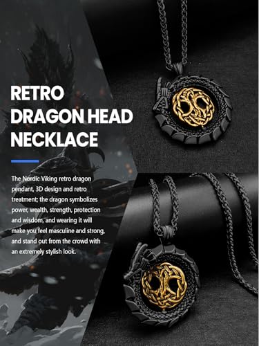Dragon Necklace 18K Gold Plated/Black Metal/Stainless Steel Norse Tree of life Talisman Viking Dragon Pendant Necklace Lucky Amulet, Retro Yggdrasil Viking Jewelry Gift for Men and Women with Gift Box4