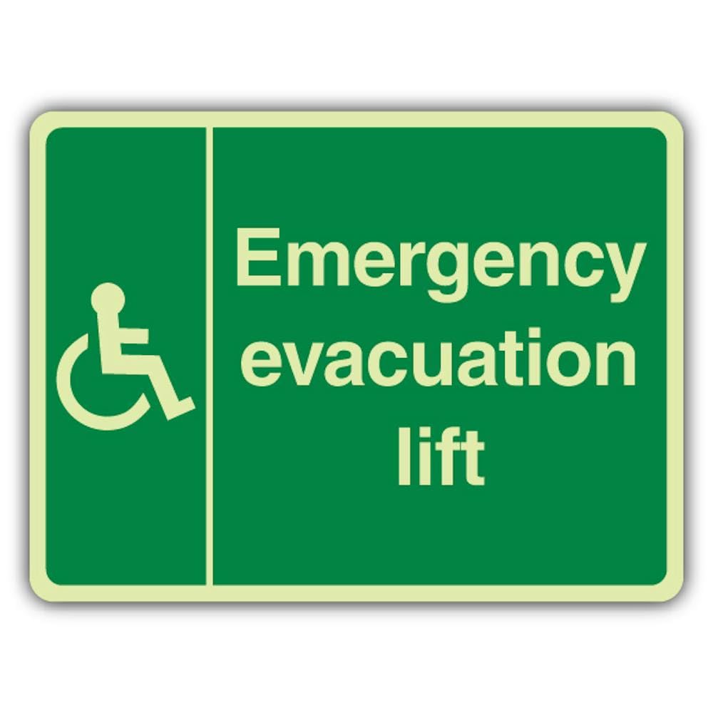 V Safety Photoluminescent Emergency Evacuation Lift - Wheelchair Right - Landscape Safety Sign - 300 x 225 mm - 1.2mm Rigid Plastic - Triple Glow