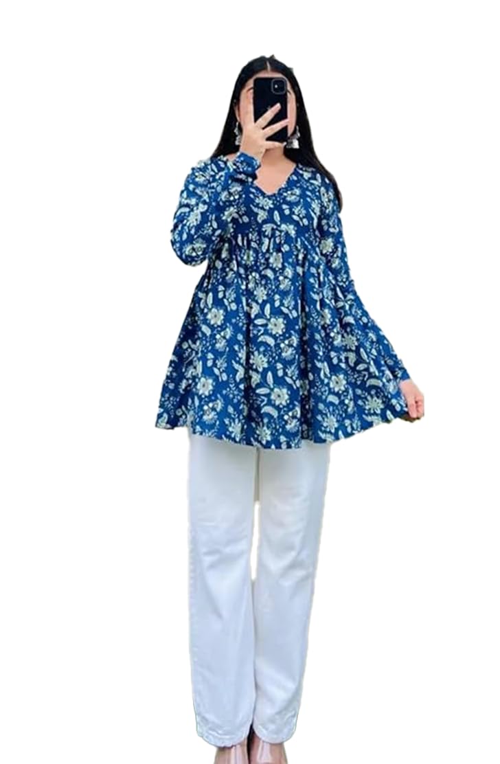 New Printed Short Blue Full Sleeves Top for Women