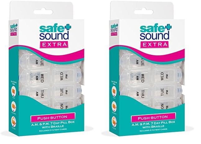 Safe and Sound 7 Day 14 Compartment AM and PM Push-Button Easy-Open Pill Box, Printed and Braille, Includes Two Patient Record Cards (Pack of 2)