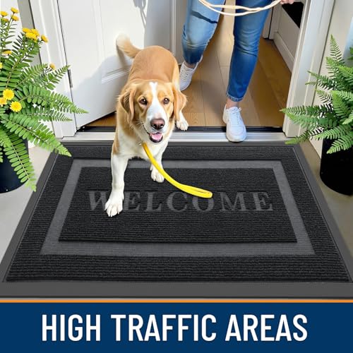 Image of OLANLY Welcome Door Mat Outside Entrance 29.5x17, Absorbent, Heavy Duty Sturdy Natural Rubber Doormat Indoor Outdoor, Non-Slip, Stain and Fade Resistant, Low Profile Floor Mat for Entryway, Black