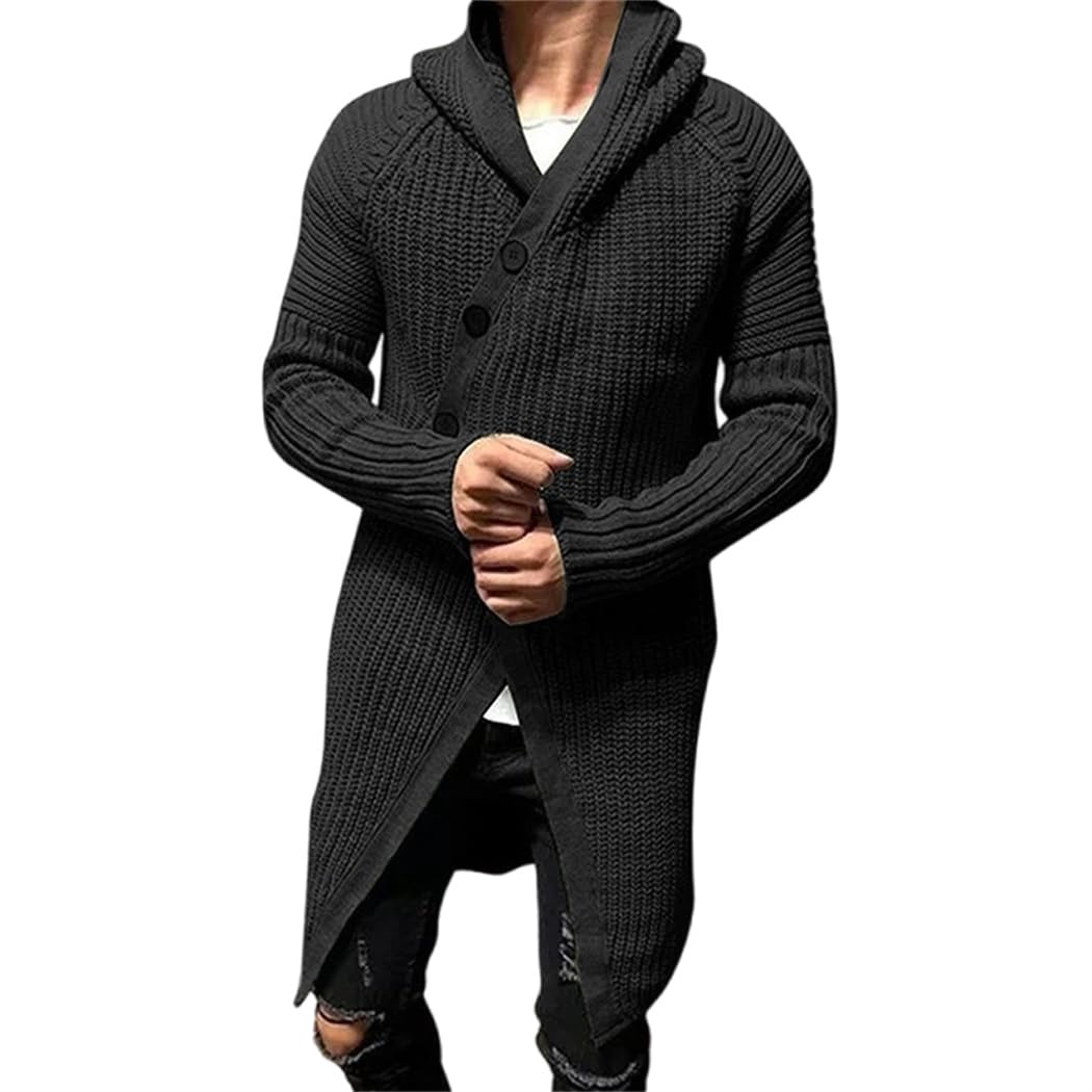Wekumgy Mens Long Cardigan Sweater Hood Button Closure Long Sleeve Knit Slim Fit Winter Fashion Warm Coat for Men Black