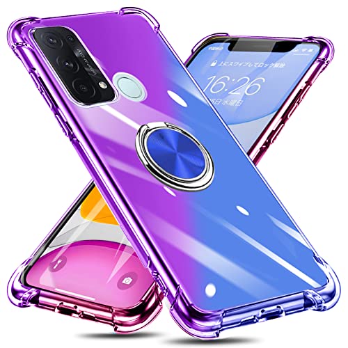 OPPO Reno5 A ケース リング付き クリア TPU グラデーション色 オッポ リノ レノ5 A 携帯カバー 耐衝撃 透明 車載ホルダー対応 一体型 落下防止 防塵 変形防止 全面保護 リノ5a オッポ カバー 紫/ブルー W-CSZH-18-08