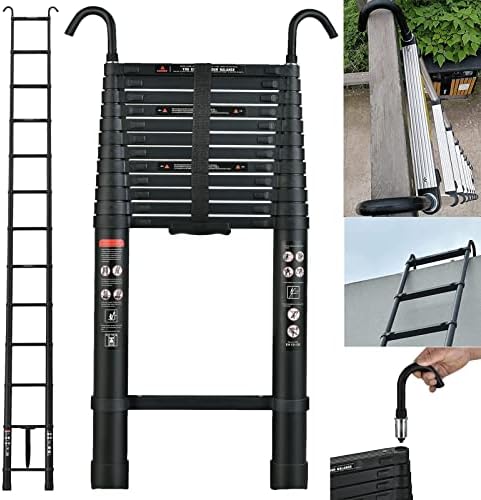 Telescoping Ladder 16.5 Feet, Portable Telescopic Extension Ladder with 2 Detachable Hooks, Lightweight Aluminum Roof Collapsible Ladder, Retractable Folding Ladders for RV, Home, 330LB Capacity